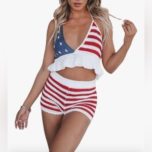 Patriotic Crochet Halter Top and Shorts Set red white, and blue Americana
